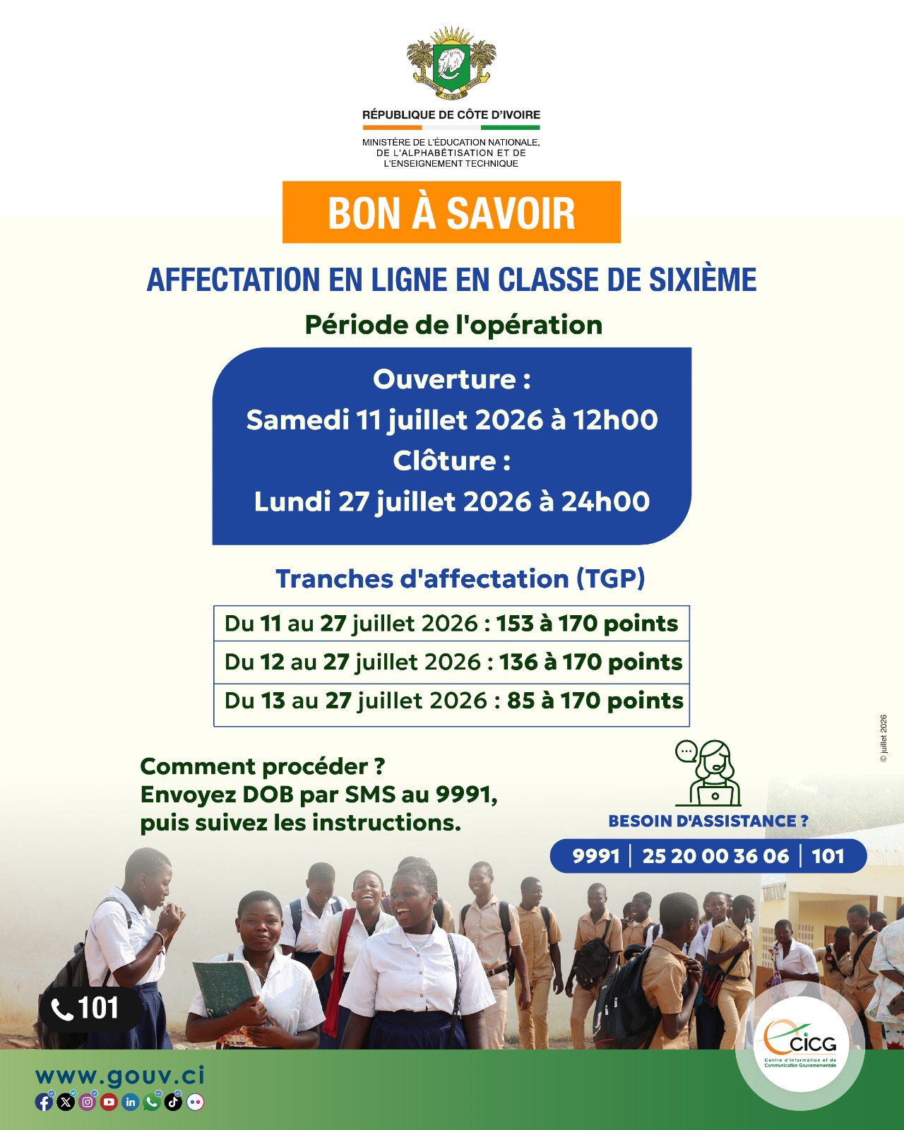 Côte d'ivoire : Bon à savoir, Affectation en ligne Classe de Sixième